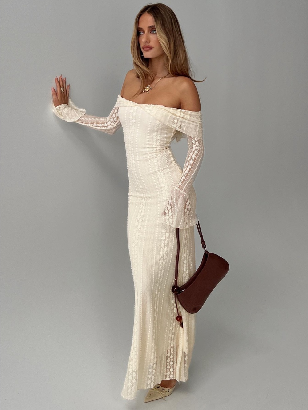 Princess Polly Off-Shoulder Cream Lace Maxi Dress